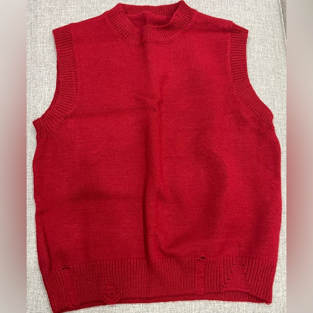 Red Sleeveless Knit Sweater with holes and rip design